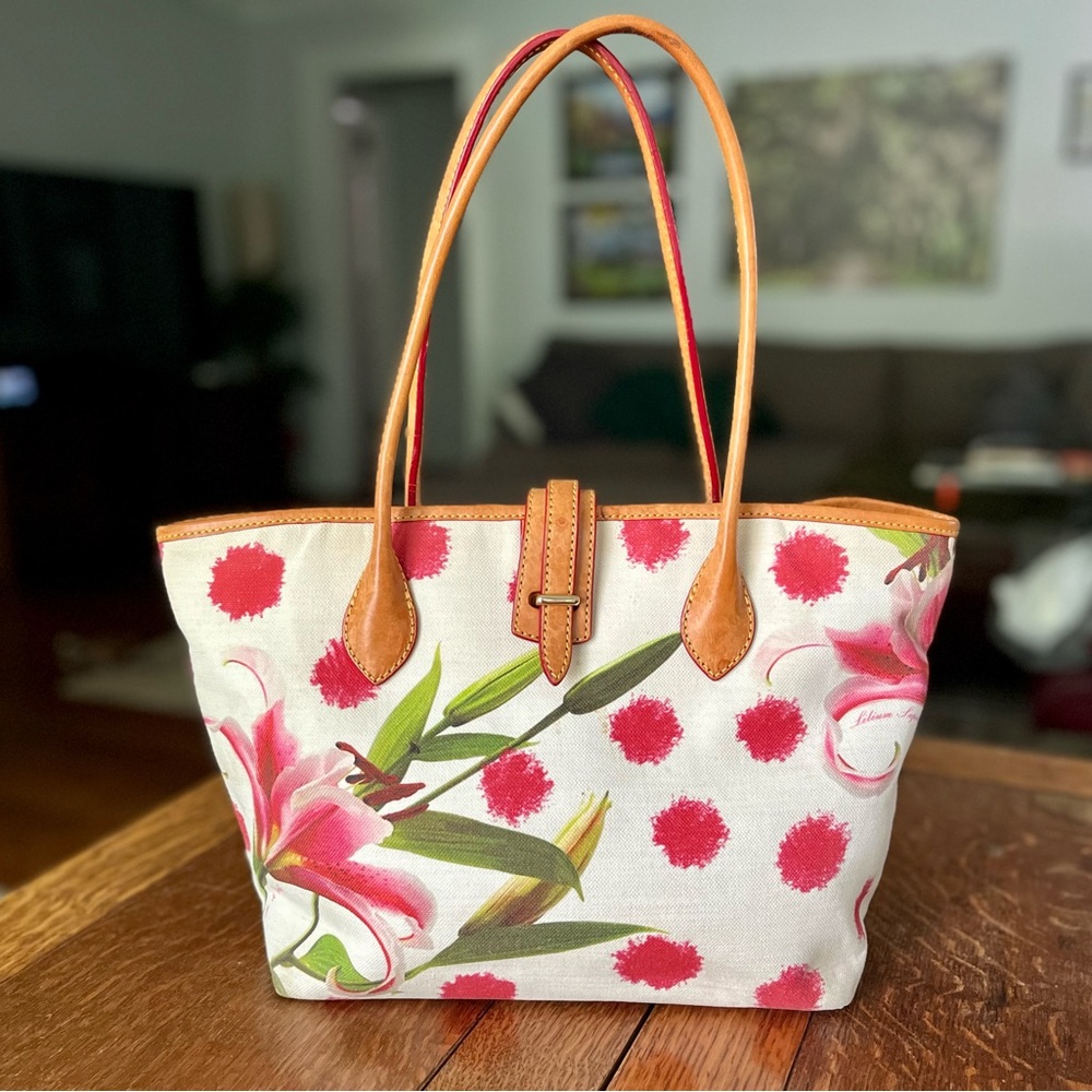Dooney & Bourke Pink and Green Floral Cindy Tote/ Canvas and Leather
